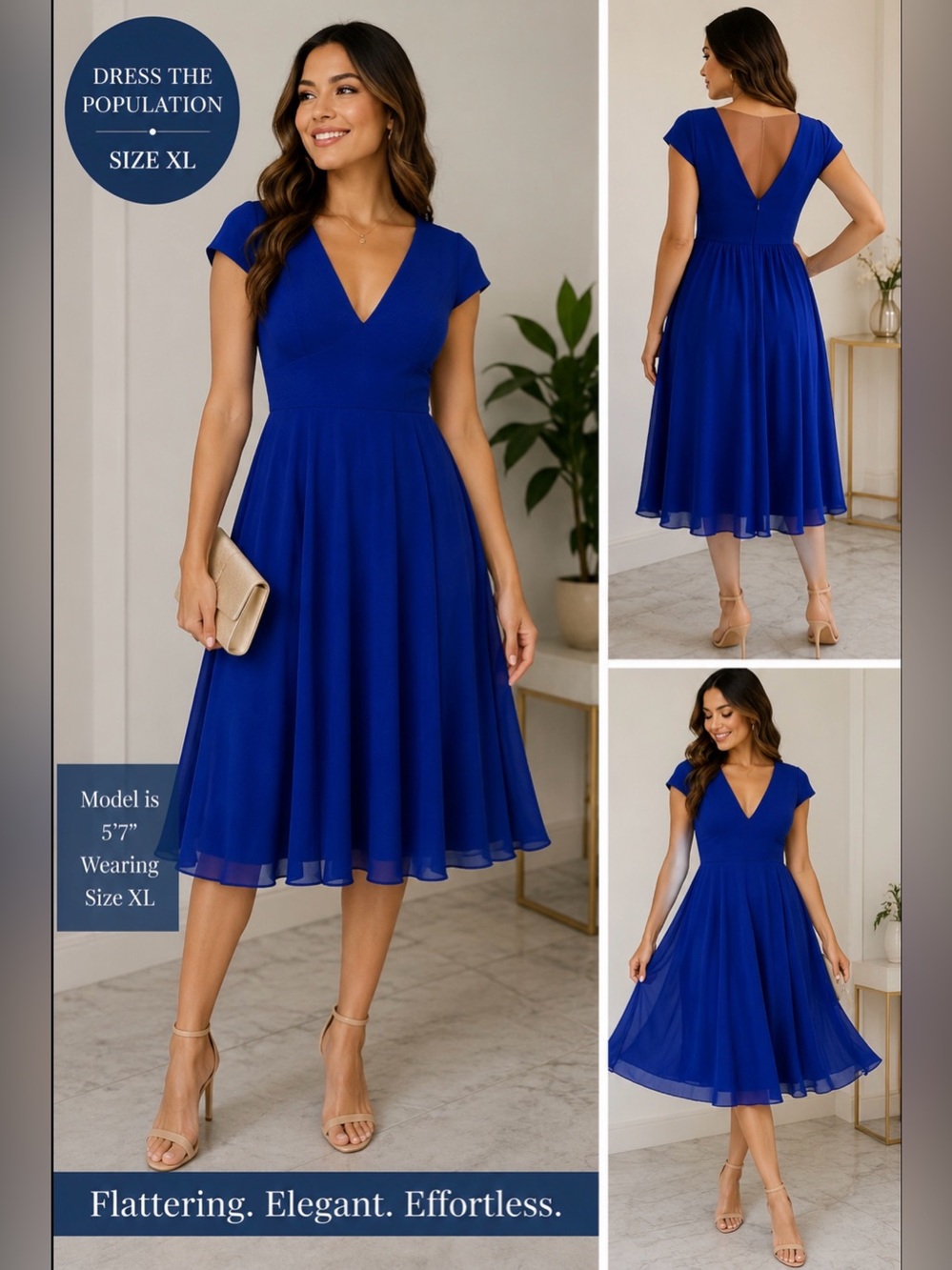 Dress the Population Cobalt Blue Fit & Flare Dress XL V-Neck